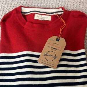 Weatherproof Women's Red and Navy Striped Crewneck Sweater